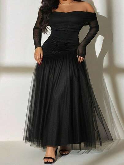 SHEIN EZwear 加大码黑色露肩刺绣网纱派对连衣裙，秋冬款