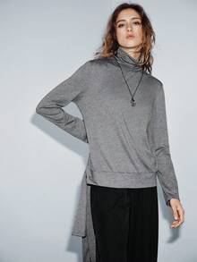 Lumivelle 女士优雅高领开衩下摆蝴蝶结装饰长袖T恤，适合日常穿着和通勤。 - 深灰色 - 查看 3