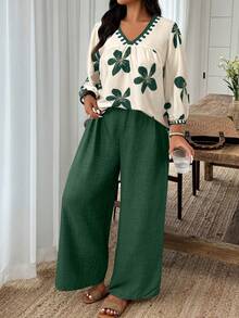 Weeklong Áo sơ mi tay dài cổ chữ V in hoa cỡ lớn dành cho nữ và quần ống rộng, trang phục thường ngày cho ngày thường, tiệc tùng, kỳ nghỉ - Màu xanh lá cây đậm - Xem 1