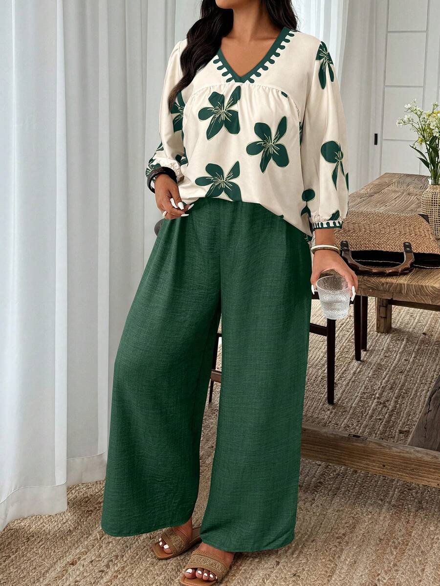 Weeklong Áo sơ mi tay dài cổ chữ V in hoa cỡ lớn dành cho nữ và quần ống rộng, trang phục thường ngày cho ngày thường, tiệc tùng, kỳ nghỉ - Màu xanh lá cây đậm - Xem 1