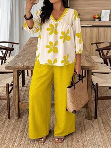 Weeklong 大码女式印花V领灯笼袖衬衫搭配阔腿裤休闲套装，适合日常、派对、度假等场合。 - 黃色 - 查看 5