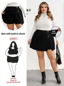 SHEIN CURVE+ 大码女式金属花朵装饰侧开衩时尚短裙，黑色裙子，冬季女式短裙，黑色迷你裙，黑色短裙/2026/新年 - 黑色 - 查看 1