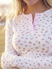 Aralina Conjunto de cárdigan con botones hasta la mitad y pantalones largos con cordón en la cintura, con estampado de flores y cuadros, para primavera/otoño - Rosa Pálido - Ver 5