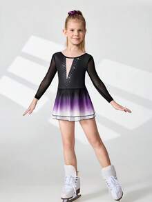 SHEIN Young Girls Activewear Figure Skating Dress,Sport Autumn Training Competition,Fashionable Raglan Sleeve,Anti-Flashing Skirt,High Elasticity Comfort - Black and White - View 1