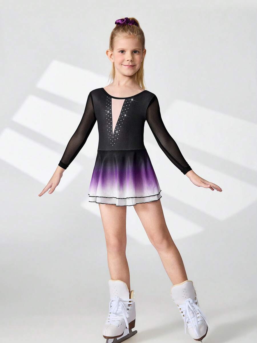 SHEIN Young Girls Activewear Figure Skating Dress,Sport Autumn Training Competition,Fashionable Raglan Sleeve,Anti-Flashing Skirt,High Elasticity Comfort - Black and White - View 1