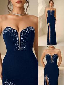 Coutiva 女士水钻装饰无肩带侧开衩修身优雅正式晚礼服 - 藏蓝色 - 查看 8