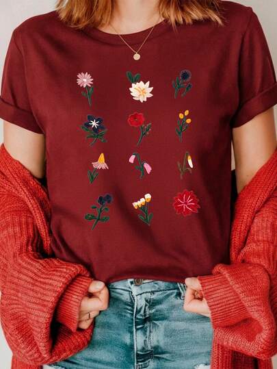 Camiseta para mujer 100% algodón con textura suave y cómoda, cuello redondo y manga corta ideal para toda ocasión playera con estampado de imitación de flores bordadas Otoño invierno primavera verano