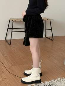 Falda corta shorts skort de terciopelo brillante para niñas con un bonito lazo decorativo y falda de fiesta brillante. - Negro - Ver 3