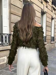 Pariaura Women's Autumn/Winter Oblique Shoulder Black Fuzzy Cutout Blouse, Casual Party Top - Army Green - View 2