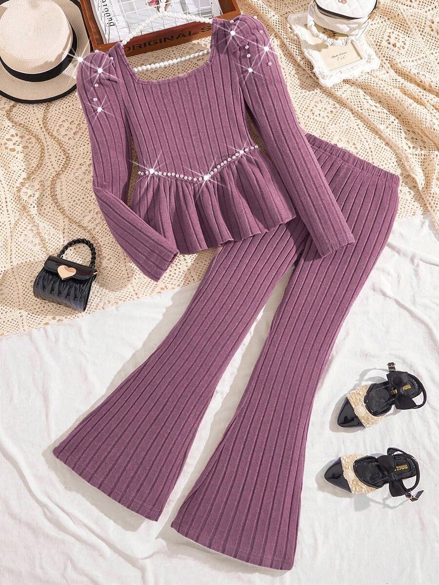 Sparklyn 2pcs/Set Girls Elegant Beaded Knit Ribbed Fuzzy Crew Neck Puff Sleeve Top And Simple Knit Pants Casual Outfit, Autumn/Winter - Violet Purple - View 1