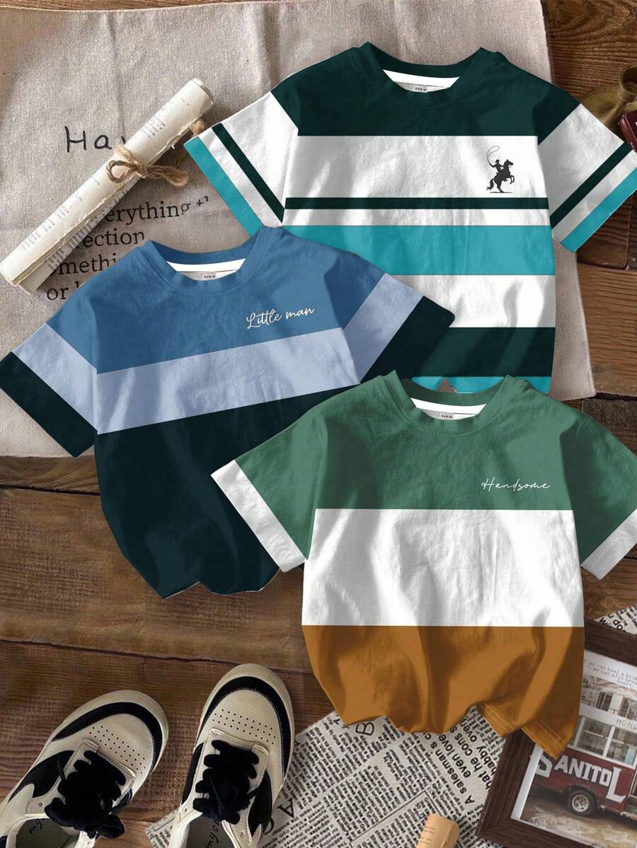 3pcs/Set Tween Boys' Casual Stylish Classic Colorblock Graphic Print Comfortable Short Sleeve T-Shirts, Suitable For Spring/Summer, Homewear, Outdoor, Matching Siblings - Multicolor - View 1