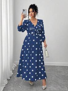 SHEIN Elenzya Đầm dài tay cổ chữ V họa tiết chấm bi thanh lịch cho nữ cỡ lớn - Xanh đậm - Xem 4