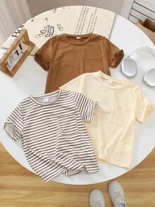 SHEIN 3pcs Boys' Casual Crew Neck T-Shirts,Brown,Beige Striped&Solid White,Summer,School,Weekend Family Activities,Short Trips,Park Long Sleeve Tees - Multicolor - View 1