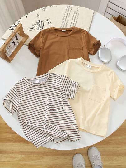 SHEIN 3 piezas Camisetas de manga larga con cuello redondo casuales para niños, marrón para madurez, a rayas marrón y beige para vivacidad, blanco sólido para versatilidad, adecuadas para la escuela, actividades familiares de fin de semana, viajes cortos, parque