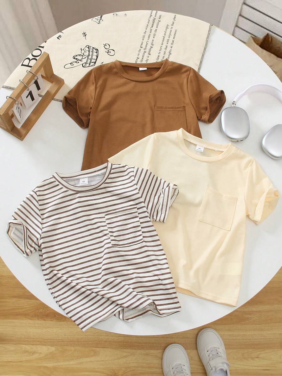 SHEIN 3pcs Boys' Casual Crew Neck T-Shirts,Brown,Beige Striped&Solid White,Summer,School,Weekend Family Activities,Short Trips,Park Long Sleeve Tees - Multicolor - View 1