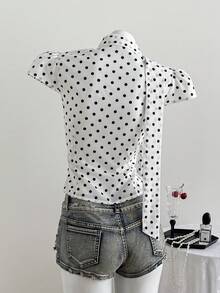 Elamini 两件套女士夏季白色波点印花立领纽扣前襟褶裥腰部泡泡袖衬衫及腰带套装，春夏时尚，适合教师、返校、毕业典礼等场合，优雅简约可爱，日常百搭。 - 白色 - 查看 2