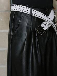 PAVTROS 男士 PU 皮革宽松阔腿七分裤，时尚百搭 - 黑色 - 查看 4