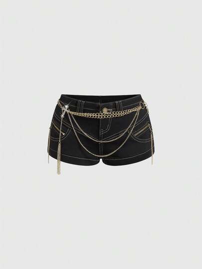 Grunge Punk Short en jean ultra taille basse avec pendentif croix en métal de style Y2K Baddie