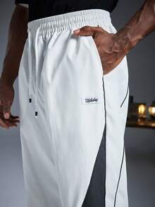 Driftmere 1件白色撞色设计弹力腰抽绳休闲宽松直筒裤，运动风春夏款 - 白色 - 查看 6