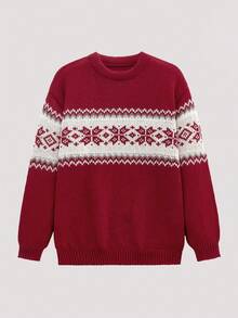 Open Phase 男士休闲百搭格子圣诞嵌花针织套头毛衣，适合春、秋、冬三季穿着。 - 紅色 - 查看 1