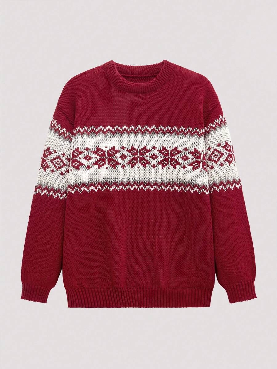 Open Phase 男士休闲百搭格子圣诞嵌花针织套头毛衣，适合春、秋、冬三季穿着。 - 紅色 - 查看 1