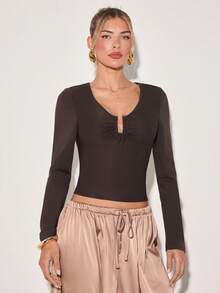 COSMINA Women's Elegant Deep V-Neck Long Sleeve Ruched Fitted Top,Dark Brown,Autumn,Seksi Chic,Night Out,Versatile Commuting Office Wear All Season Body Tops - Brown - View 5