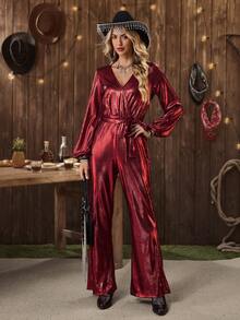 SHEIN LUNE LanaWest Women's Western V-Neck Overlap Front Detachable Belt Metallic Shiny Party Wear Flared Leg Jumpsuit - Burgundy - View 4