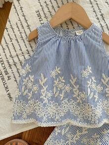 SHEIN Babygirl Vacation Casual Cute Striped Floral Embroidery Camisole & Elastic Waist Pants Set - Blue - View 6