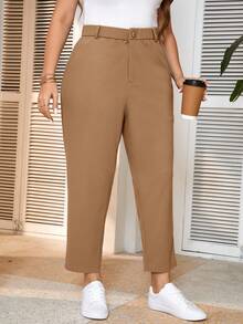 SHEIN Frenchy Quần ống côn màu trơn cỡ lớn cho nữ mặc đi làm thường ngày vào mùa thu/đông - Lạc đà - Xem 6