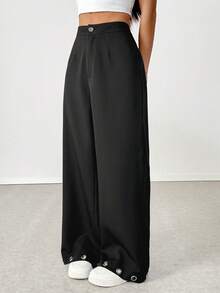 Franclia 女士休闲性感金属孔眼阔腿裤 - 黑色 - 查看 3