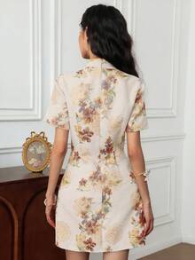 EastFlair 女士印花旗袍优雅短袖迷你连衣裙