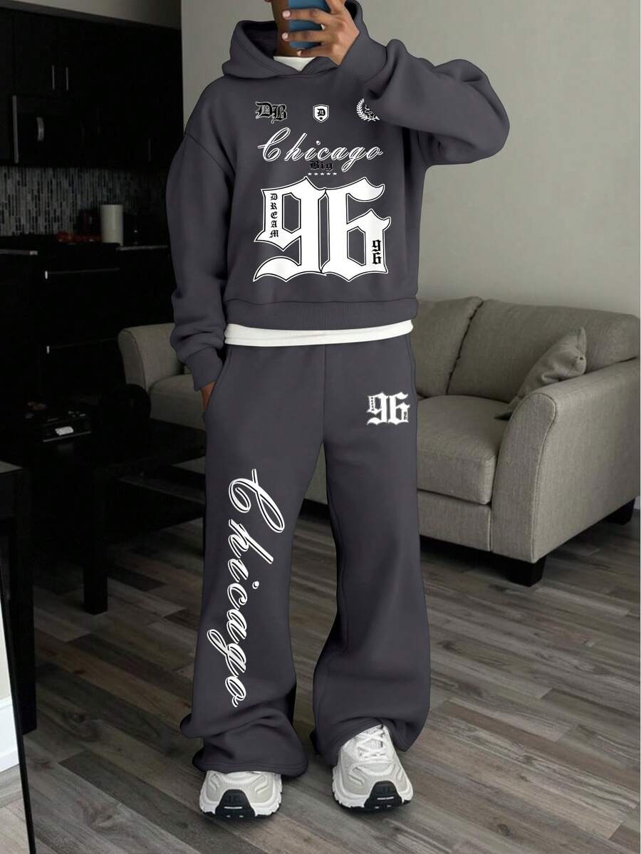 STEELVANCE Bộ 2 áo hoodie và quần nỉ in khẩu hiệu Chicago dành cho nam - Màu xám đen - Xem 1