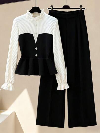 Franclia 2件套女士优雅撞色二合一纽扣装饰荷叶边下摆上衣和裤子套装，秋季