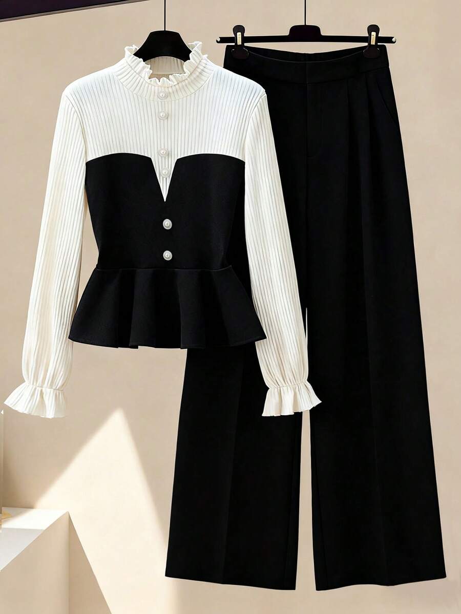 Franclia 2件套女士优雅撞色二合一纽扣装饰荷叶边下摆上衣和裤子套装，秋季 - 黑與白 - 查看 1