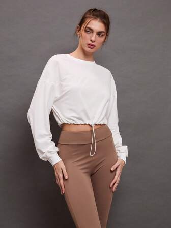 بلوزة رياضية نسائية بياقة طاقم وأكمام طويلة وخصر مربوط بسحاب، قصيرة الطول