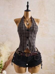 Modviera Top vintage a quadri con spalle scoperte, collo alto e sexy, top elegante a quadri, adatto per vacanze estive, Natale e Capodanno, per uscite sociali, stile vintage da indossare a scuola, adatto per vacanze, appuntamenti, tè pomeridiano, stile occidentale - Castano - Visualizzare 7