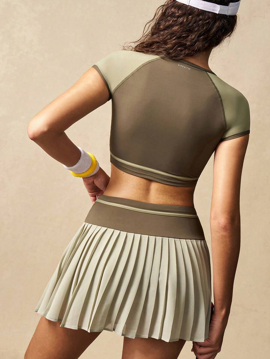 VARSIVA Women's Dark Green Color-Blocked Crew Neck Raglan Short-Sleeve T-Shirt And High-Waisted Color-Blocked Built-In Shorts With Pockets Plump Skirt Casual Tennis Suit. - Multicolor - View 1