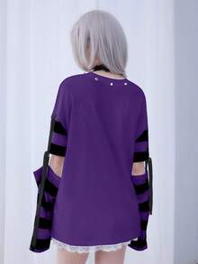 ROMWE Anime Cute Striped Patchwork Women's Cartoon Character Letter Print Casual T-Shirt - Purple - View 6