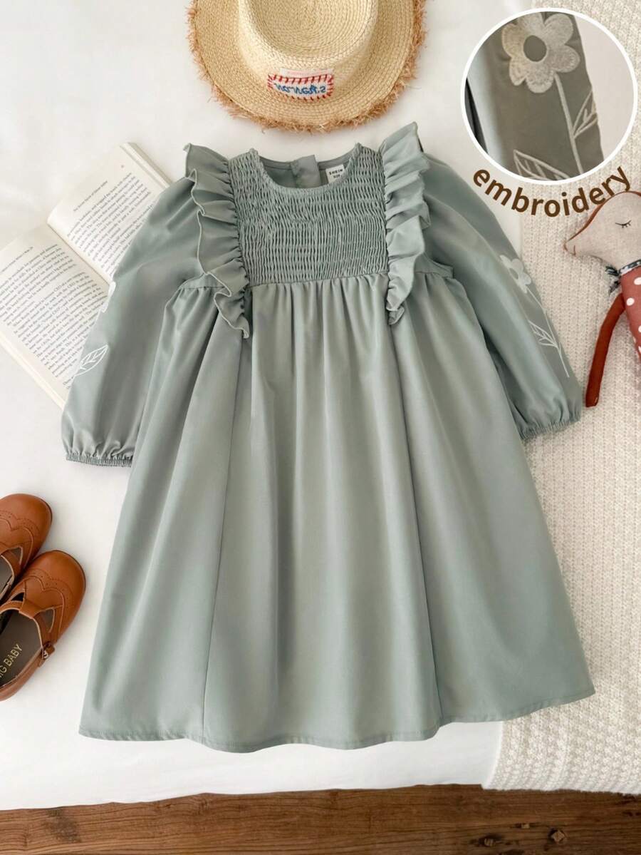 Blossori Gaun Anak Perempuan Gaya Prancis Elegan dengan Hiasan Ruffle dan Bordir Bunga, Leher Bulat, Lengan Panjang - Hijau - View 1