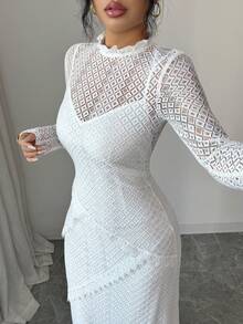Selianne 女士秋季新款法式优雅蕾丝边拼接二合一长袖连衣裙 - 白色 - 查看 1