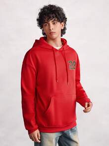 Open Phase 男士洛杉矶 28 号图案印花抓绒连帽衫，街头风，秋冬 INS 风，日常搭配，男友/老公礼物 - 紅色 - 查看 3