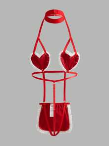 3 件套圣诞老人兔女郎内衣套装，包括带心形罩杯的泰迪熊、吊袜带、颈链和头饰，女士性感服装 - 紅色 - 查看 2