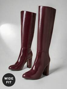 SHUZIA 女士宽筒舒适粗跟过膝长靴，侧拉链设计 - 酒紅色 - 查看 5