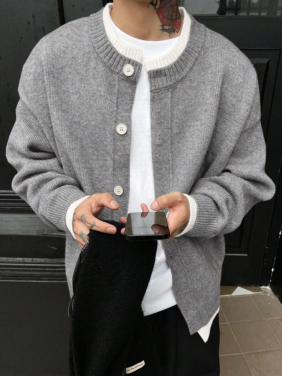 DAZY Men's Solid Color Contrast White Cardigan, Autumn - Grey - View 1