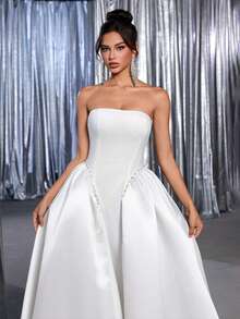 Vowa 优雅黑色针织拼接缎面胸衣，搭配白色奢华串珠缎带超大A字裙，后背系带可调节，适合约会、单身派对、婚礼、活动、度假、返校季、正式场合。 - 白色 - 查看 3