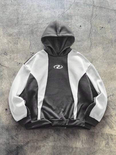 AXEPEAK Plus Size Men's Casual Contrast Color Graphic Print Loose Hoodie, Autumn