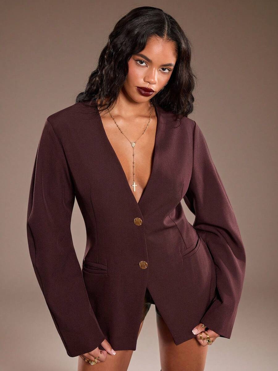 Normani Áo khoác Blazer tay cong thời trang đi làm dành cho nữ - Cà phê nâu - Xem 1