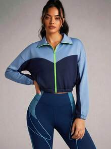 Innovista 女士撞色落肩长袖拉链运动夹克，宽松版型撞色蓝色短款拉链运动夹克 – 宽松运动卫衣，配有撞色绿色拉链和侧袋 | 轻盈秋季运动休闲外套，适合跑步、骑行、高强度间歇训练、办公室到健身房以及日常休闲都市风格 - 藍色 - 查看 6