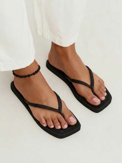 Women's Apricot Color Simple Comfort Square Toe Flat Flip Flops, Suitable For Beach, Vacation And Home Wear For Christmas