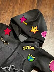 INAWLY Women's Letter & Pentagram Print Long Sleeve Zip Front Pocket Sweatshirt - Black - View 4